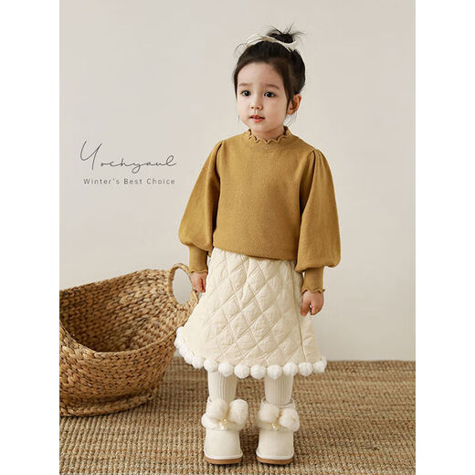Youyou Girls halb auf Turneck Pullover Basishemd Winter Kinder süßer und süßer Puffärmel Winddicht warm warm warm T-Shirt Trend Khaki 80 cm