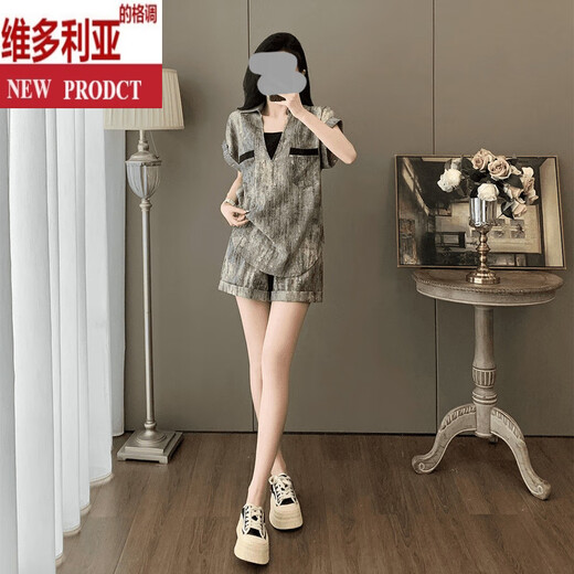 维多利亚的格调女装夏装短袖短裤套装女2025新款显瘦时尚洋气休闲运动两件套 卡其色 S 【建议85-100斤】