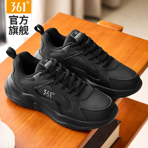 361 Women's Shoes Sports Shoes Women's 2025 Autumn and Winter New Leather Waterproof Black Casual Shoes Women's Lightweight Anti-Slip Running Shoes Obsidian Black 38