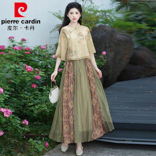 
Pier Cardin summer new Chinese style oriental classical Chinese style jacquard slanted lace temperament stand collar button top spliced ​​skirt suit 1043 green + 12161 brown S