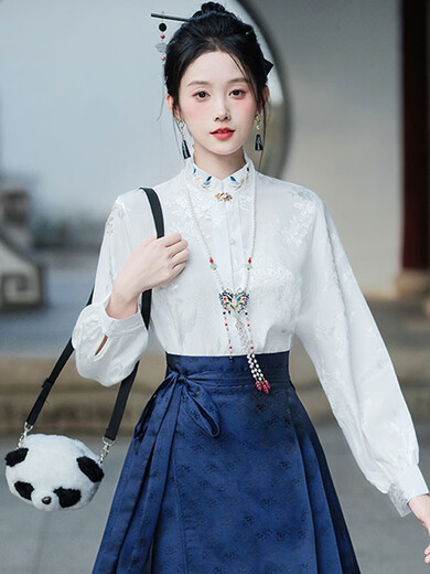 冉艺岚同款马面裙搭配的上衣新中式国风刺绣衬衫女2024春秋新款衬衣古风 12041白色上衣 S