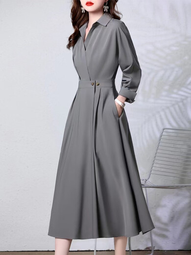 
NOSSKISS luxury high-end brand long-sleeved shirt dress for women 2025 autumn new style temperament waist-hugging and slimming high-end skirt Gray high-quality version L Recommended 105-115Jin [Jin equals 0.5 kg]
