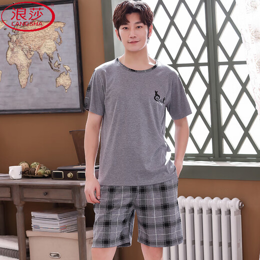 Langsha Summer Men's Pyjamas Plus Fat plus grande taille Cotton Men's Cotton Coton Colaire à manches courtes maison Youth Korean Style Malf Malf mandeve Thin 9928 [shorts shorts] l [Recommandé 100-130jin [Jin est égal à 0,5 kg]]]