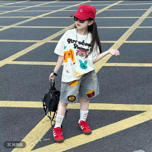 Apocalypse Century Girl Summer Street gebratenes Set 2025 Neues Mädchen Loose Cartoon Kurzarm T-Shirt Denim Medium Hosen Zweiteiler Set Trendy 8 weiße Weste [Single] 150 Größe für Höhe von etwa 1,45 Metern geeignet