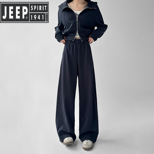 JEEP SPIRIT casual sports suit for women Spring and Autumn 2025 new hooded sweatshirt straight slim sweatpants high-end two-piece set Navy blue [single pants regular style] [XL (120-140Jin [Jin equals 0.5 kg])