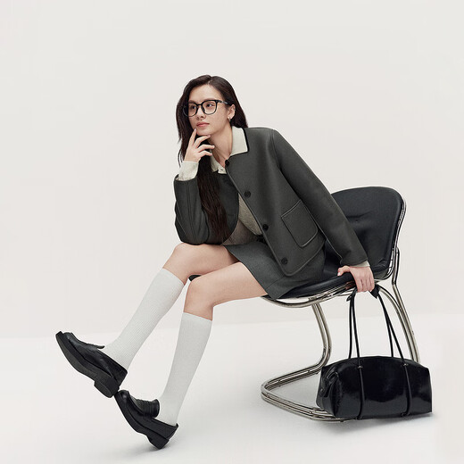 OCHIRLY end of season discount Xiaoxiangfeng motorcycle leather jacket women's top round neck high-end casual high-end dark gray S