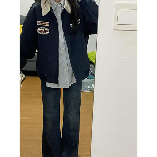 QuMile American Retro Flight Jacket for Men Spring and Autumn Couple Loose Design Baseball Clothes Handsome Lapel Jacket Navy XL