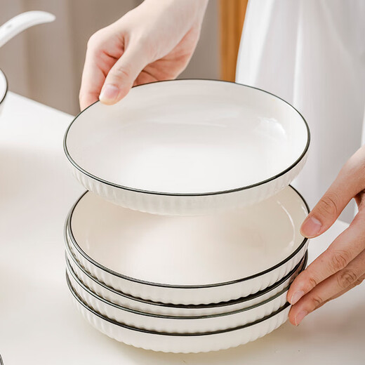 Yamada vertical pattern series household beautiful ceramic tableware rice bowl dish plate ceramic tableware set American vertical pattern 8-piece set (2 bowls, 2 plates, 2 chopsticks, 2 spoons)