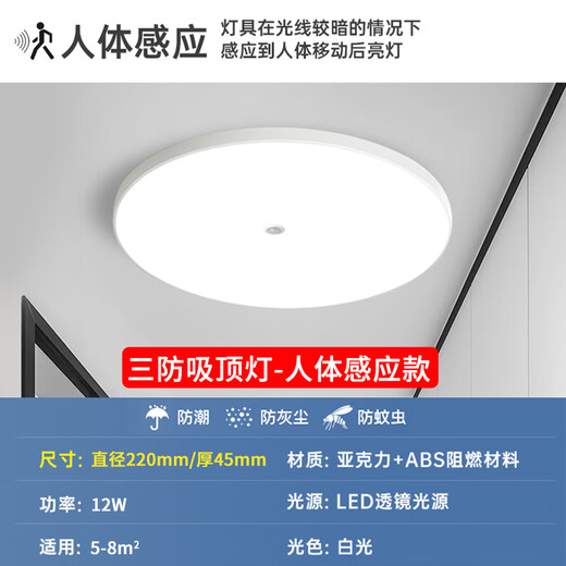 Biuyum human body sensing ceiling lamp LED three-proof ceiling lamp ultra-thin energy-saving high-brightness engineering stair aisle corridor corridor light smart lamp 12W-diameter 22cm-human body sensing