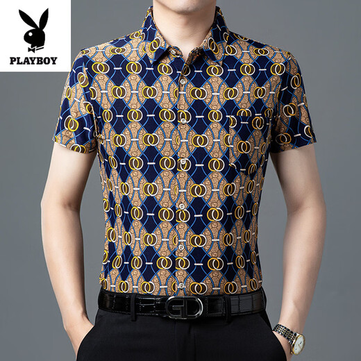 Playboy (Playboy) Nouvelle glace de glace à manches à manches courtes à manches à manches à manches courtes avec une chemise d'âge moyen de mûre en soie mûre 9898 Black XL (175) [140-160jin [Jin est égal à 0,5 kg]]]