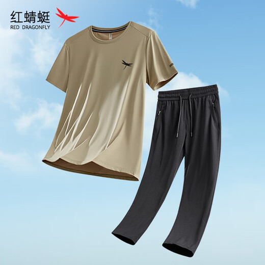 
Red Dragonfly Casual Set Men's Summer Ice Silk Short Sleeves with Casual Pants Middle-aged Daddy Sports and Fitness Two-Piece Set [HQTLJ9905YH+CY2501] White + Black M
