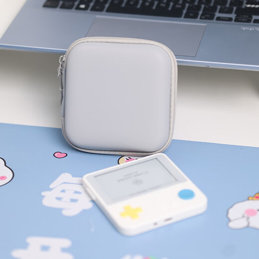 YWZR portable PU waterproof storage bag suitable for Baicizhan MAX word machine storage box large capacity with net pocket to hold data cable multi-purpose leather cushioning anti-fall portable gray storage box + purple lanyard + purple doll