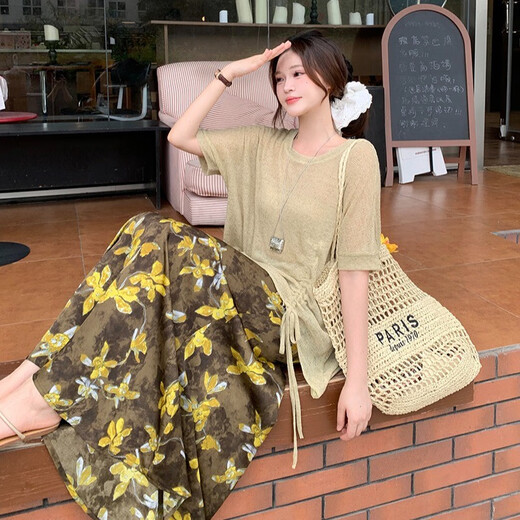 独束胖mm大码女冰丝针织上衣印花半身裙套装A1477上衣+21846半身裙 A1477豆绿色上衣(不含吊带)+2184 XL[120-140] 均码