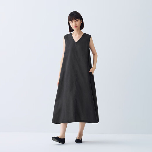 无印良品（MUJI）女式 棉 汉麻 无袖连衣裙女装裙子夏季 连身裙长裙 BCD91C5S 黑色 M （160/84A）