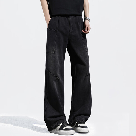 Base de la NASA Summer Fin American Jeans Street Hombres Versátiles Versátil Pantalones rectos de la marca de moda HT-1105 Negro 2xl