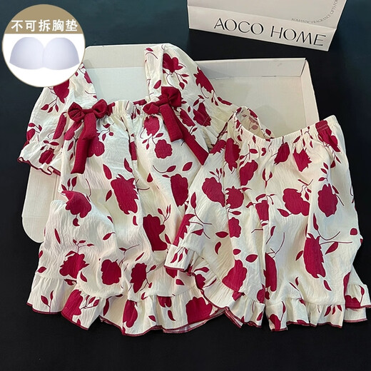 
Xiangyaxin pastoral style pajamas for women in summer cloud cotton with chest pad sweet short sleeves 2025 new princess style home clothing set 9902-2 Monet pink flower M