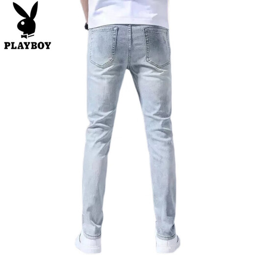 花花公子（PLAYBOY）欧洲站高端春秋季破洞牛仔裤男修身小脚潮牌韩版烫钻浅色薄款长裤 浅蓝色3890款 28