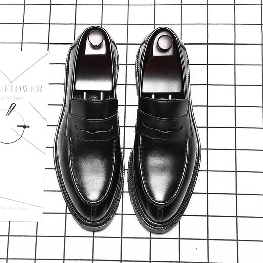 
KUCLUT men's trendy British style lazy loafers business formal wear breathable casual leather shoes 9715-D black 38