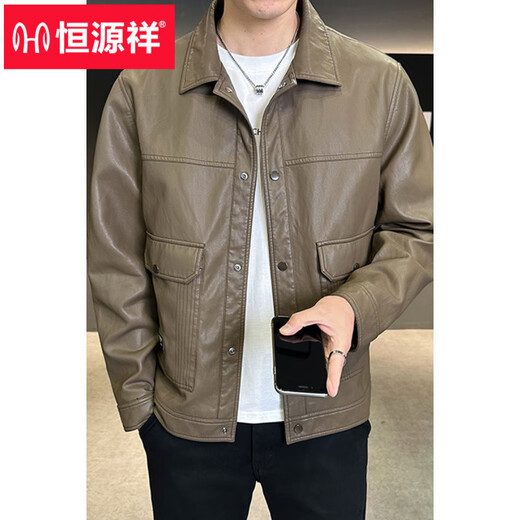 Hengyuanxiang men's leather jacket spring 2026 new American trendy brand casual lapel men's pilot motorcycle leather jacket coffee color 2XL