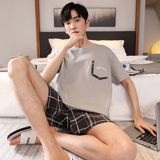 Jiao Men's Pajamas Summer de verano puro Manaje corto de manga redonda de cuello transpirable Simple Suport para sudor absorbente cómodo juego de ropa para el hogar 02L854 2XL