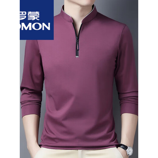 罗蒙（ROMON）棉长袖t恤男休闲薄款体恤上衣春秋季中年男装立领打底衫 长袖6623哈青 薄款 XL 175建议140-160斤