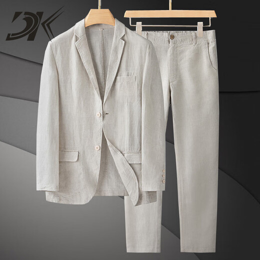 DK high-end men's 100% linen casual suit men's suit spring and summer thin coat loose linen suit two-piece linen color two-piece suit (top + pants) S recommended 110-130 Jin Jin equals 0.5 kg