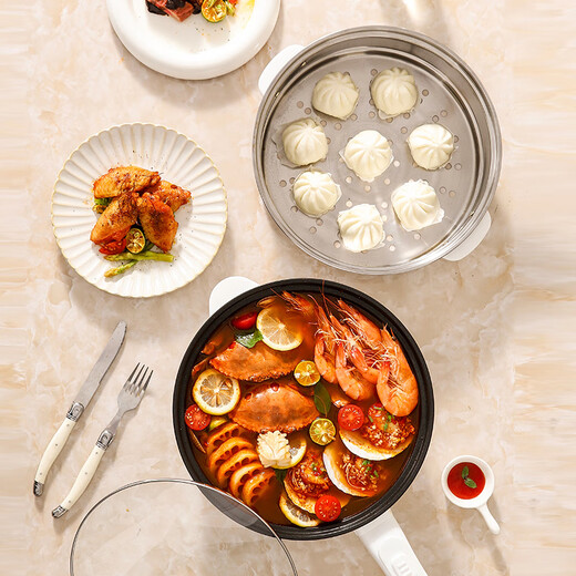 Meike's outstanding electric wok all-in-one wok electric cooking pot multi-functional household electric hot pot steaming and frying mechanical double-speed electric wok with steamer and wood 1 inch thickened fast heating 3.5L guaranteed to prevent dry burning for ten years