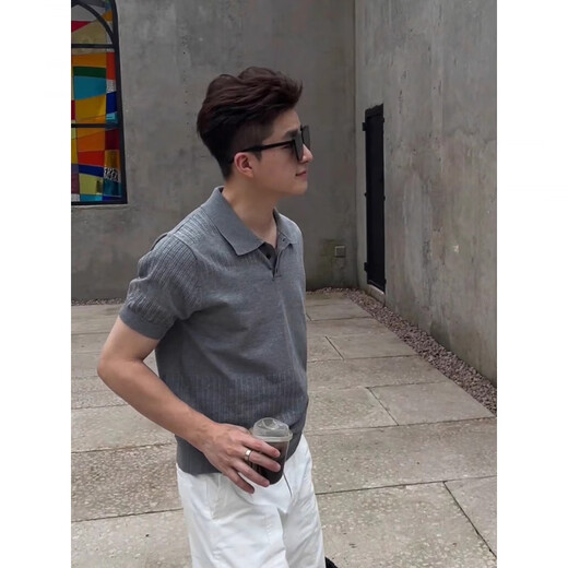 Tulan old money style outfit suit for men 2025 new American Henry collar knitted short-sleeved men's thin linen shorts, a set of two, black polo shirt + white shorts XL (suitable for 130-145 Jin Jin equals 0.5 kg