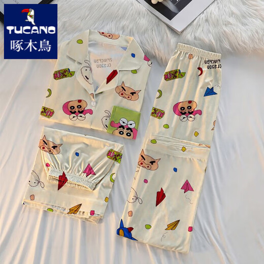 Pajama de caricatura de caricatura de pájaro cartilín para mujeres en verano de algodón puro de manga pura juego de tres piezas japonés Ins lindo estudiante Cardigan ropa casera #fs-tres piezas Set 14135 m [75-95Jin [Jin equivale a 0.5 kg]]