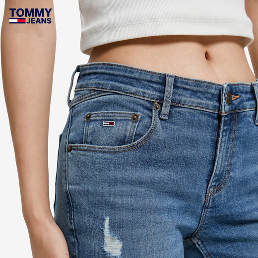 TOMMY JEANS女装时尚破洞旗标绣片紧身显瘦弹力水洗牛仔裤DW0DW13784