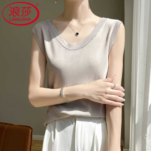 LangSha (LangSha) light luxury women's round neck summer neck suspender vest with ice silk knitted top sleeveless outside wearing white sweater rice camel color average size 90-135Jin [Jin equals 0.5 kg]