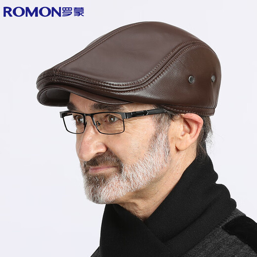 Romon genuine leather hat men's winter middle-aged and elderly cowhide forward peaked cap to keep warm and add velvet belt ear protection to prevent wind and cold for the elderly, brown style L (56-58cm) hat circumference