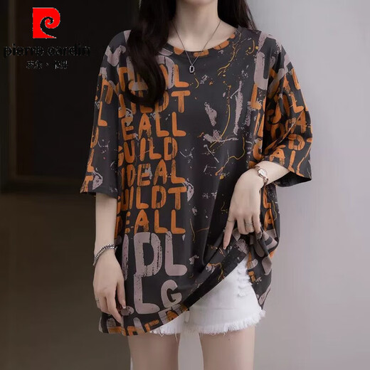 Pierre cardin large size pure cotton short-sleeved T-shirt for women fat mm covering belly hiding flesh to make them look slimming casual top for women 2025 summer clothing new style 6627 blue L 90-120Jin [Jin equals 0.5 kg]
