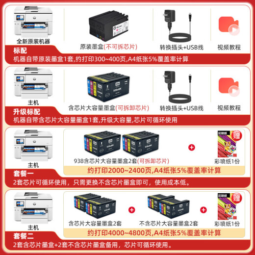 HP HP color inkjet printer A3A4 home office 9730 wireless automatic double-sided copying machine 9720 9730 A3/A4 printing and copy scanning Dual paper boxes set two [host + chip ink cartridge 2 sets + ink cartridge 2 sets]