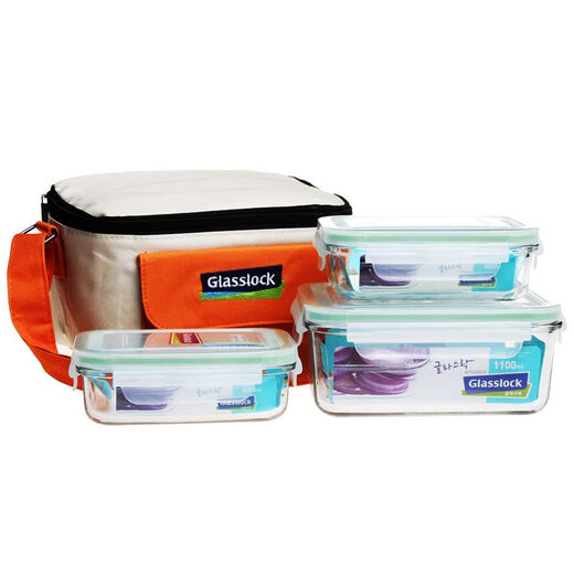 Korean glass freshness box lunch box sealing box lunch box lunch bag student with lid insulation set 695ML*2/Send blue handbag