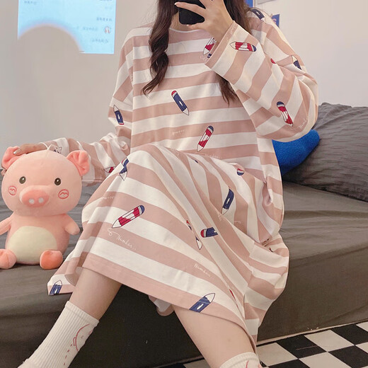 睡衣女款秋冬季连衣裙宽松卡通长袖家居服睡裙 女士浅棕睡裙 （J16873-20） L 女（建议96-115斤）