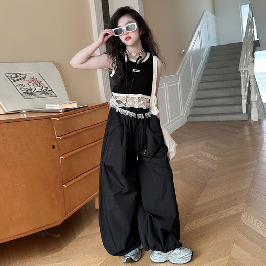 Mädchen im koreanischen Stil trendy und cooler Sommeranzug 2025 Neue Big Children's American Lace Work Clothes Wide-Bein Hosen Trendy Anzug [VL + Hosen] Kaufen Sie den Anzug erschwinglicher 140