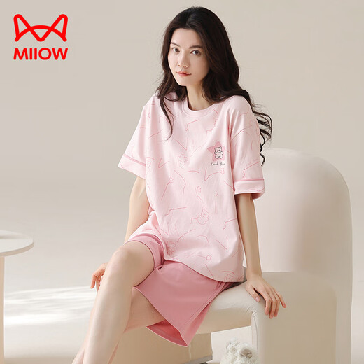 猫人（MiiOW）夏季纯棉睡衣女士2025新款短袖女款家居服大码夏天套装可外穿薄款 A9859 樱桃红 M 80-100斤】