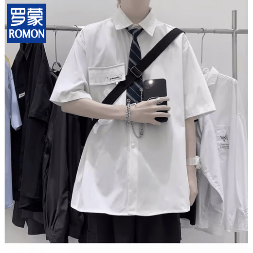 ROMON DK uniform trendy short-sleeved shirt men's Korean version casual three-piece suit pussy casual white shirt suit student class suit trousers + C36 shirt black + tie original non-iron free L 105-120Jin [Jin equals 0.5 kg]