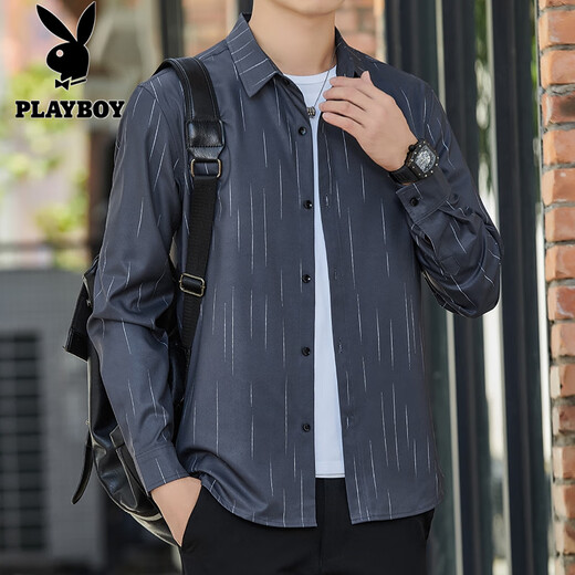 Playboy (Playboy) Sommer Herren-Langarm-Hemd Ice Seide Kühl und dünner Sonnenschutz und atmungsaktives Außenkabine Hemd Lose und Leichtgewicht