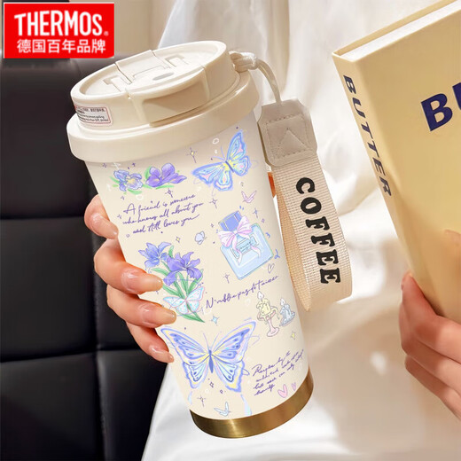 Thermos Simple Butterfly Thermos (Thermos) en acier inoxydable Portable Double boire du café 2025 Nouvelle tasse d'eau de paille féminine BW1049 Rose foncé papillon A + avec longe