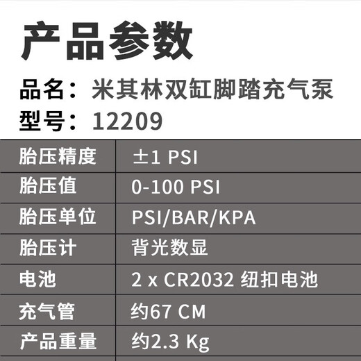 米其林米其林车载充气泵预设胎压充满自停大功率12V小型汽车打气泵12262 M12209双缸-无线脚踏-数显表