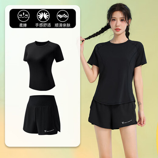 
Best Fleece Marathon Running Set Summer Quick Dry Fitness Training Women's Short Sleeves Lotus Purple Top + Gray Coffee Purple Shorts XL
