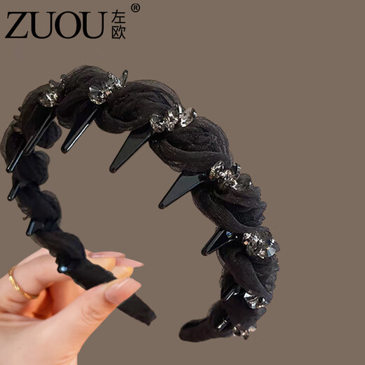 Left-wing Hepburn style hairband French retro high-end rhinestone headband wavy toothed fluffy high skull hairpin hairpin for women black rhinestone headband