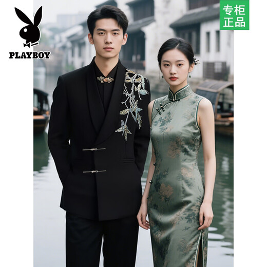 Playboy Suit Shop Loose Embroidery Wedding New Chinese Suit Suit Engagement Groom Wedding Banquet Zhongshan Men's Clothing Black Suit + Pants + Black Gold Button Shirt S