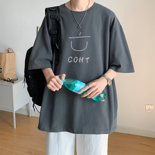 尘行者美式重磅短袖t恤男纯棉夏季休闲宽松青少年五分半截袖高街打底衫 【畅销版 230G短T】T675灰色 XL