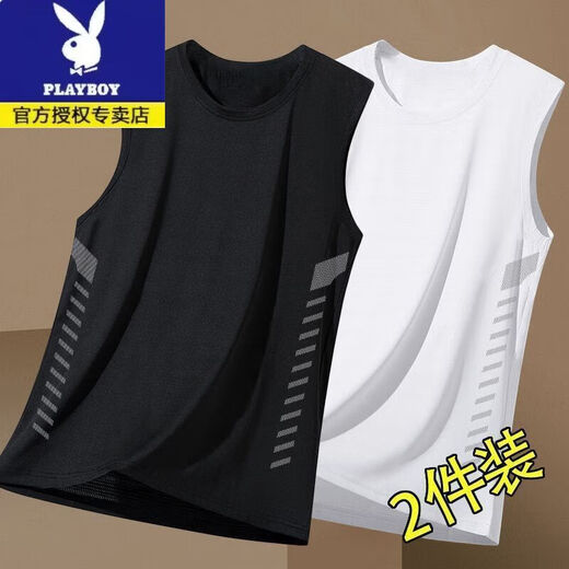 Playboy (PLAYBOY) trendy ice silk vest for men summer mesh sleeveless T-shirt thin men's quick-dry sweat-absorbing and breathable wide shoulder sweat shirt outside. Extra trendy oblique strip wide shoulder black + white collection and purchase XL [Suggested 120-135 Jin [Jin equals 0.5 kg]]