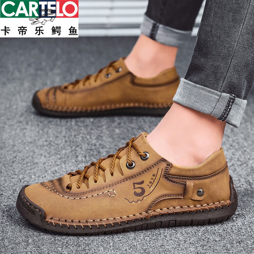 
CARTELO men's leather shoes summer breathable casual large size men's shoes British trendy soft sole 2025 new lace-up men's shoes 9926 golden 38