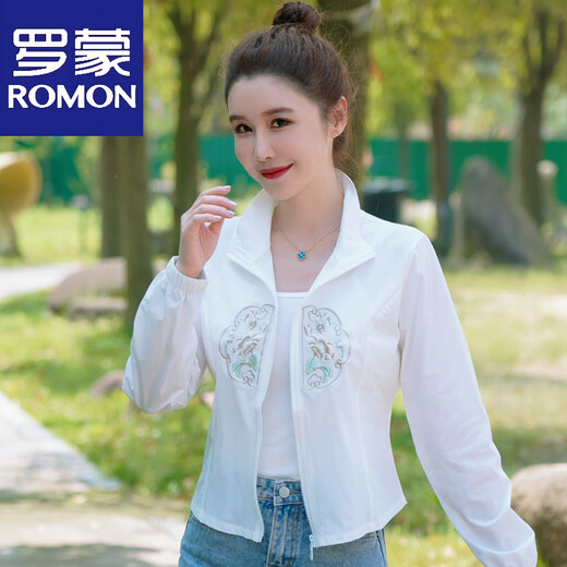 罗蒙（ROMON）中式国风短款防晒衣女外穿2025夏季新款轻薄款外套小个子刺绣上衣 白色 M 【建议90-100斤】