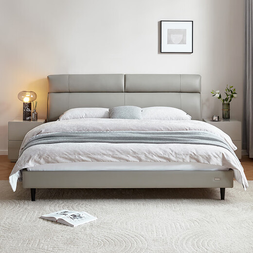 Quanyou Home Modern Simple Leather Bed 1.8x2m Bedroom Home First Layer Cowhide Art Soft Covered Bedside Double King Bed